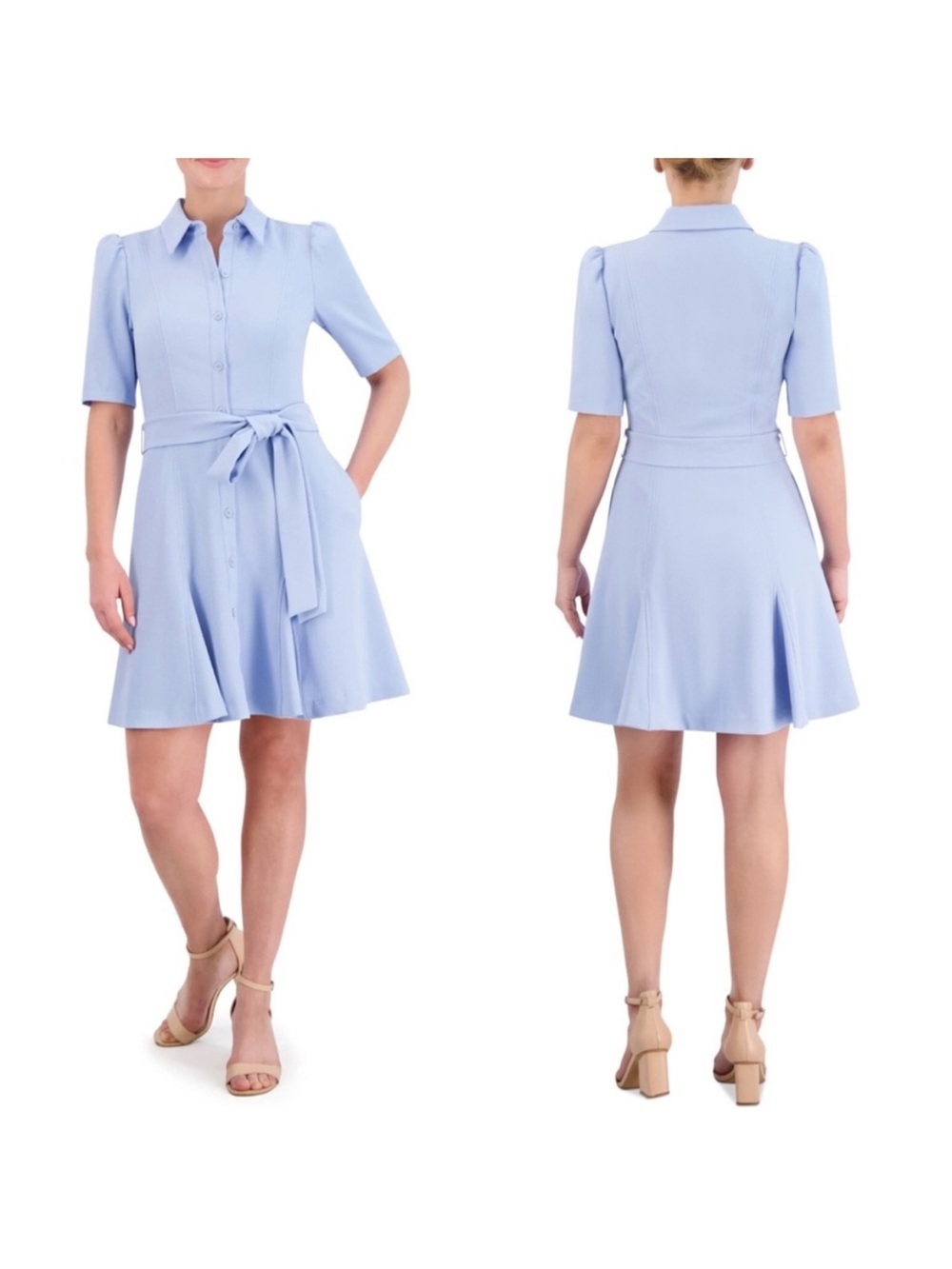 Eliza J Light Blue Button-Front Tie-Waist Shirt Dress